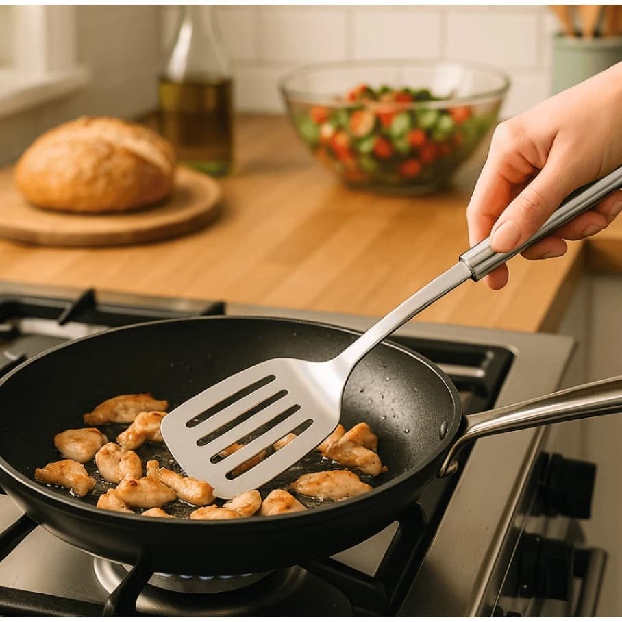 Talher Utensílio de Aço Inox Cabo Longo Gourmet Multiuso Cozinha Grelhados Fritura Panela Chapa