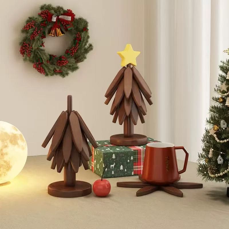 Árvore com 5 Suporte de Panela Quente de Bambu em forma de Árvore de Natal com Ponta de Maça Descanso para Mesa