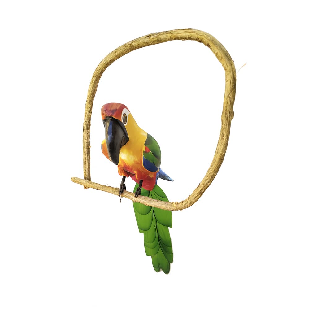 Escultura Arara Verde De Madeira No Cipó Média Artesanal | Pássaro Decoração Rústica Varanda Jardim Natureza Presente