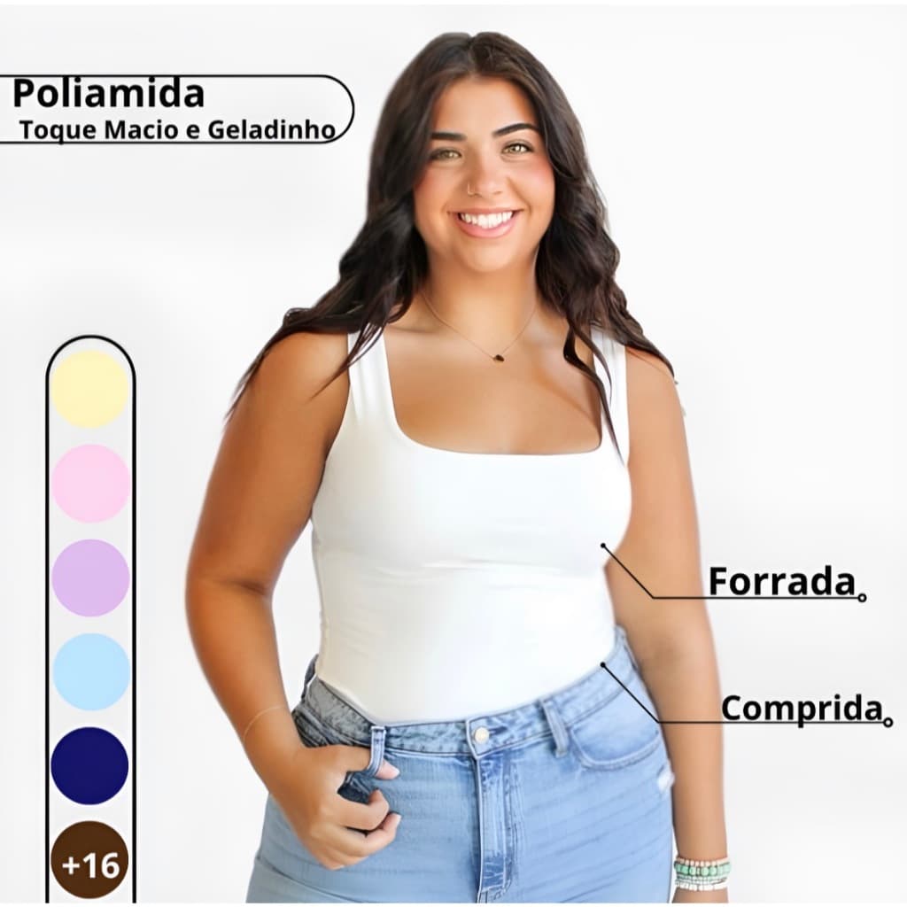 Regata Blusa Feminina poliamida forrada Decote Quadrado Elegante Alça Grossa Tendencia Verao