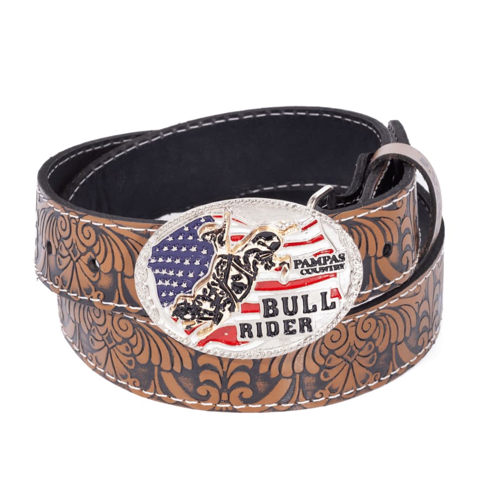 Cinto Country Infantil com Fivela Bull Rider Trabalhada em Couro Legitimo