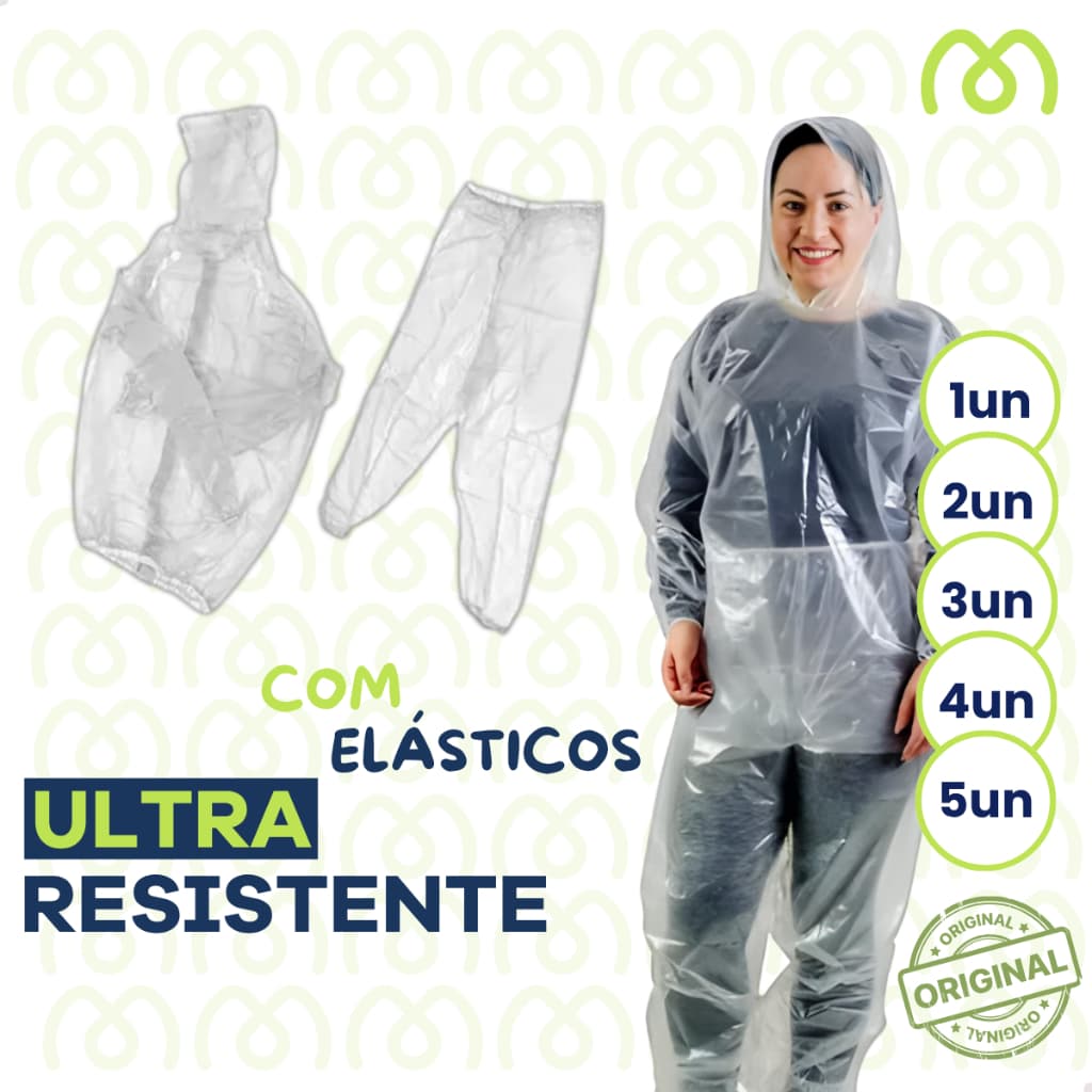 Capa de Chuva Conjunto Transparente com Elástico Jaqueta Calça Capuz Reutilizável Resistente