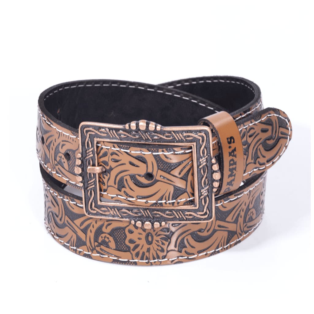 Cinto Country Infantil Floral em Couro Fivela Quadrada Feminino