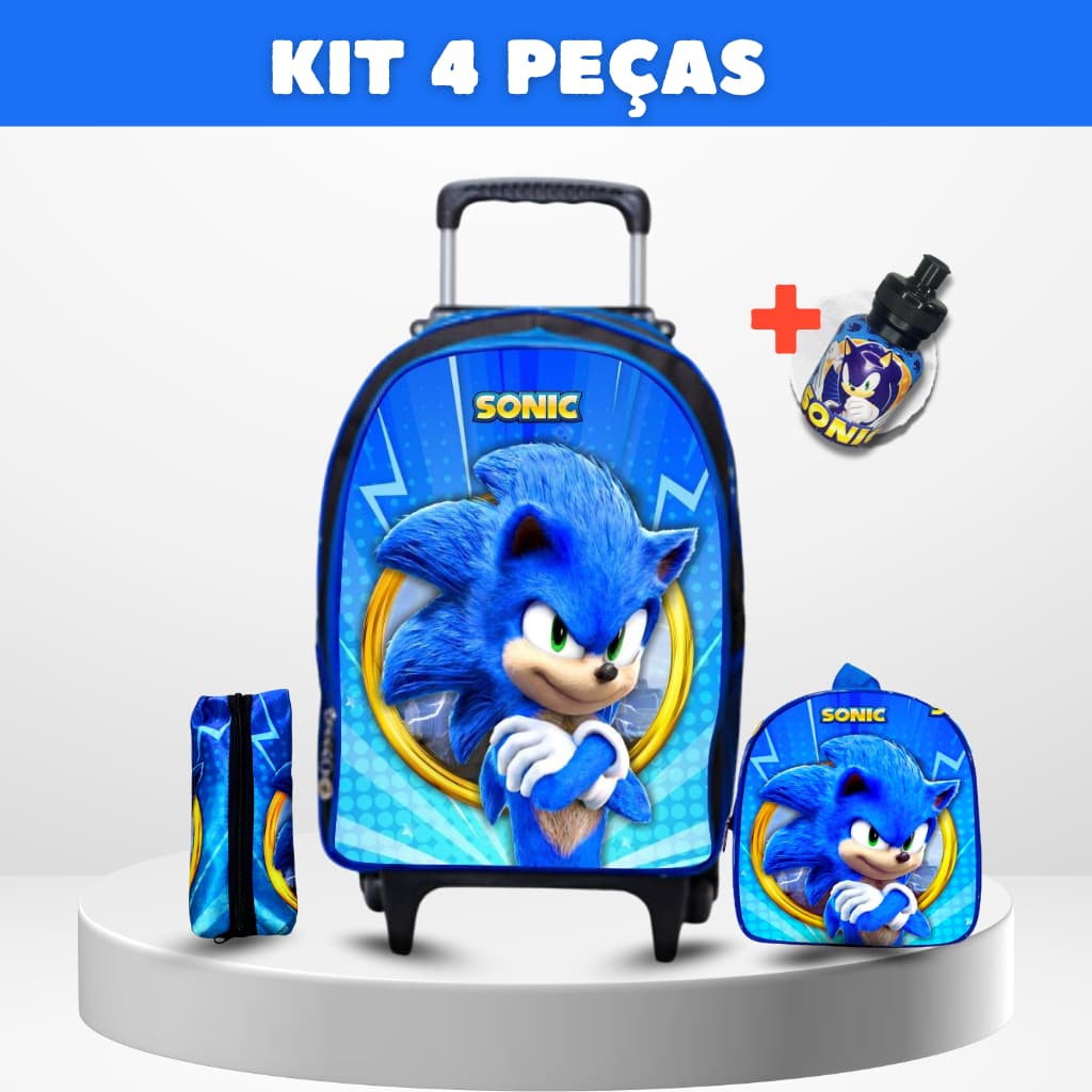 Kit Mochila escolar Sonic com Lancheira e Estojo - Rodinha - Menino - Masculino
