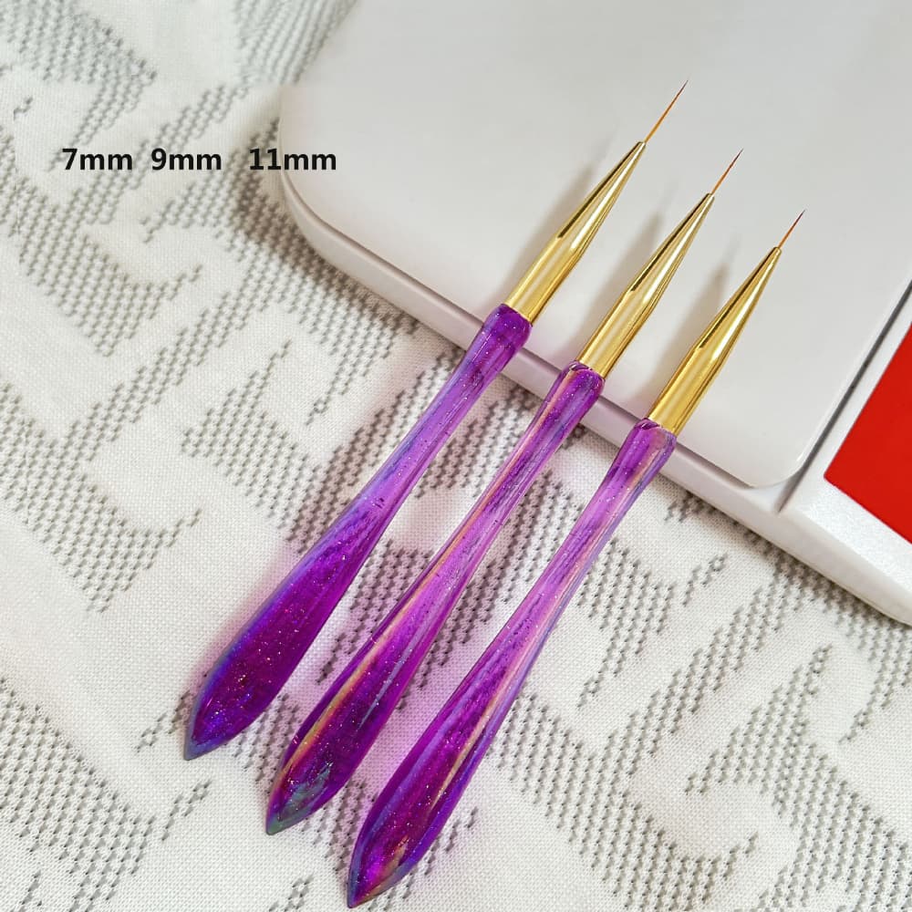 Kit 3 Pinceis Brilho de haste roxa Fino para Decoração Unha Nail Art