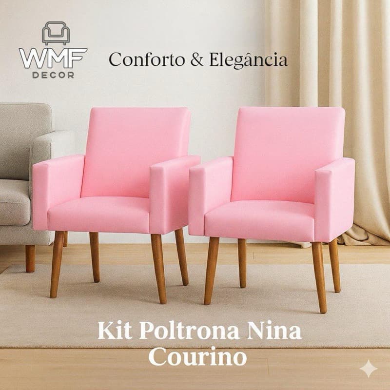 Kit Poltrona Nina Courino, com pés palitos, Decorativa, Confortável, Fácil Limpeza