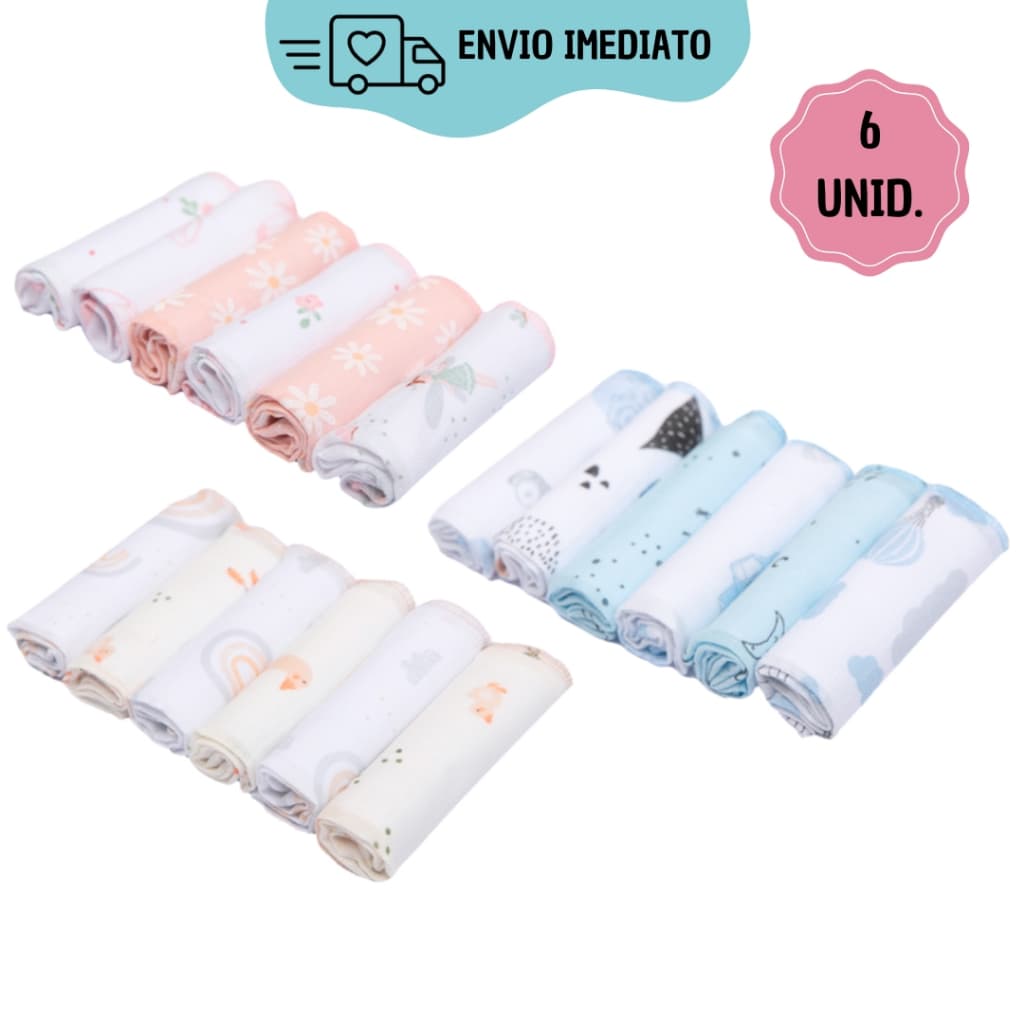 Kit 6 Paninhos de Boca Babete Soft para Bebê RN Infantil Fralda 100% Algodão 28cm x 28cm Papi