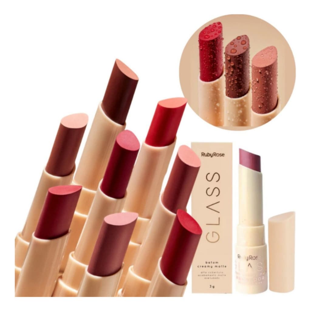 Batom Bastão Creamy Matte Glass Ruby Rose Cores Intensas com Alta Pigmentação e Acabamento Aveludado