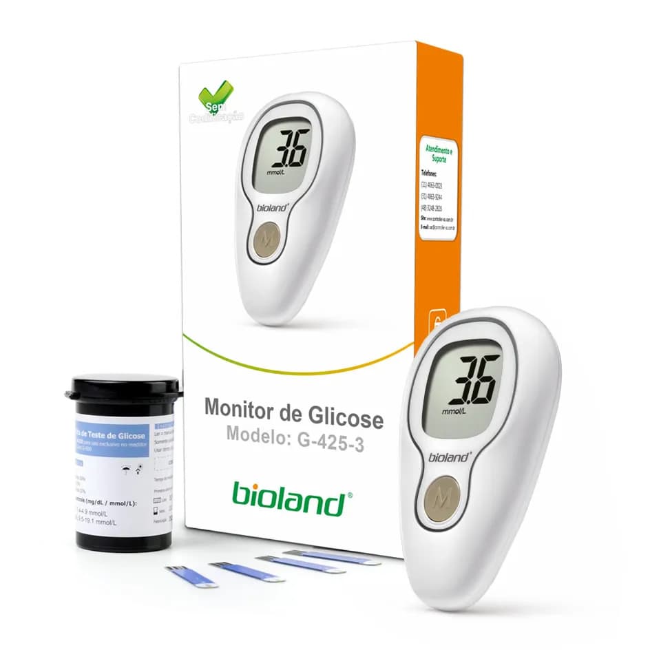 Kit Medidor de Glicemia Bioland Modelo G425 - Completo com 25 Tiras - 25 Lancetas - Lancetador