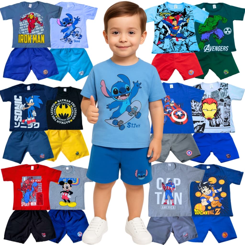 Kit Sortido 10 Peças De Roupas Menino- 5 Camisetas + 5 Bermudas