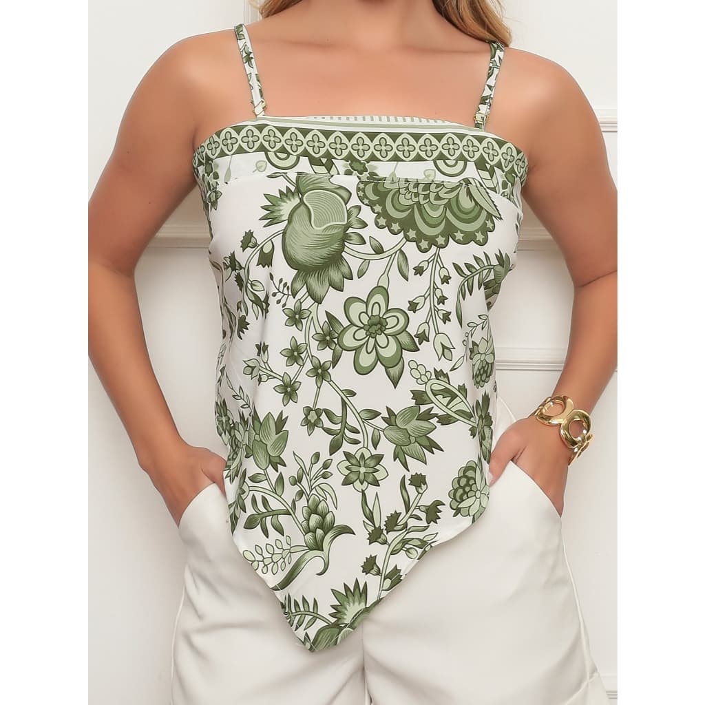 T-102Travachic Regata Feminina com Estampa Floral e Bainha Irregular para Férias, Primavera e Verão, Roupa de Praia,