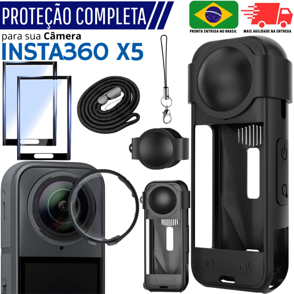 Kit Completo Para Câmera Insta 360 X5 Case Silicone + Película de Vidro + Lente de Proteção