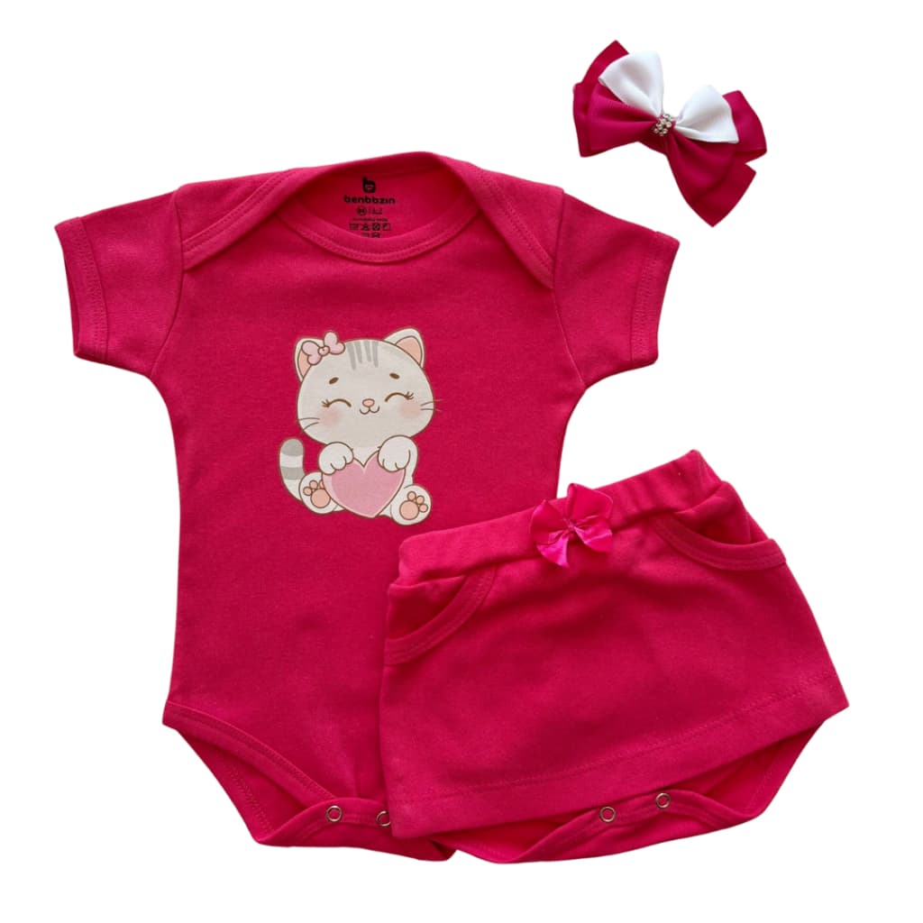 Conjunto de Bebê Menina Básico Dia a Dia Body + Saia + Laço 100% Algodão.