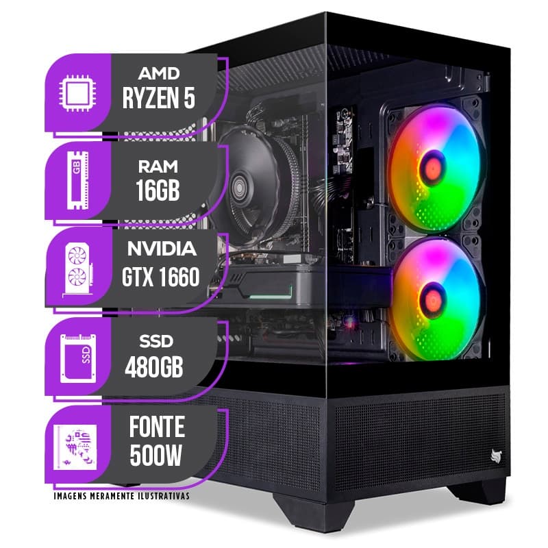 PC Gamer Mancer, AMD Ryzen 5 5500, GTX 1660 SUPER 6GB, 16GB DDR4, SSD 480GB, Fonte 500W 80 Plus