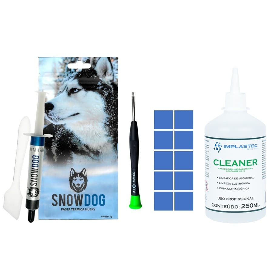 Kit Pasta Térmica SnowDog Husky 12,8 W/mk + Cleaner Implastec 250ML + Thermal Pad 10x10mm + Chave Torx T8