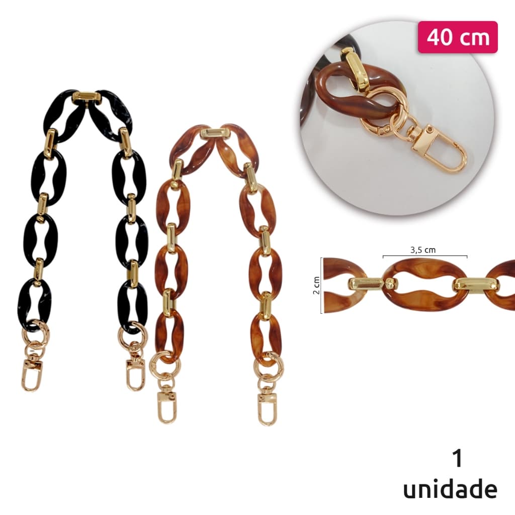 Alça para bolsa de crochê e tricô 40 cm elos de acrílico com mosquetão YP1140-40 com 1 unidade