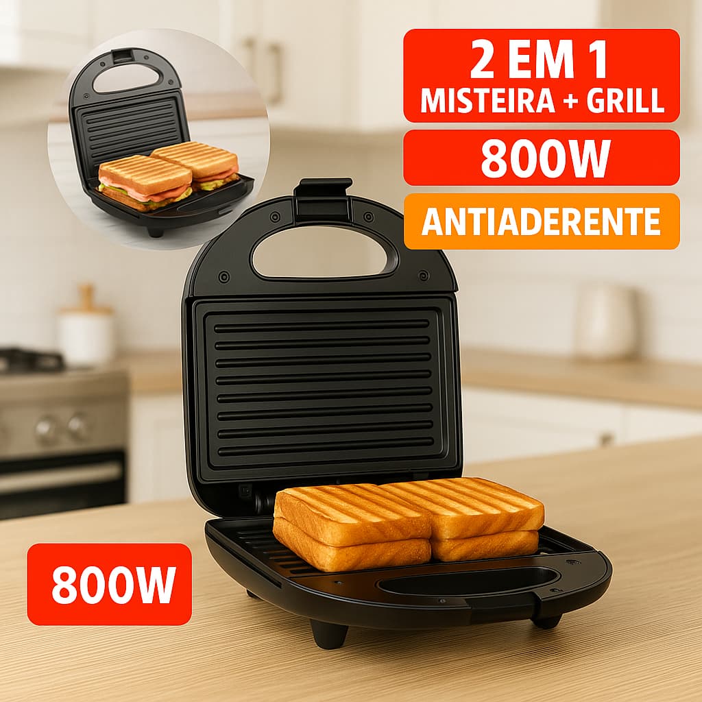 Sanduicheira Elétrica 2 em 1 Misteira e Grill 800W Portátil Antiaderente Grelha Dupla