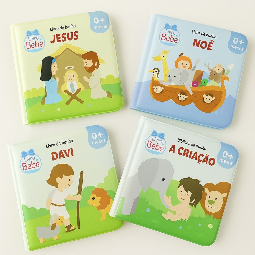Kit Infantil Livros Bíblicos de Banho – Noé, Davi, Jonas, Jesus e A Criação – 0+ Meses Impermeáveis e Supermacios
