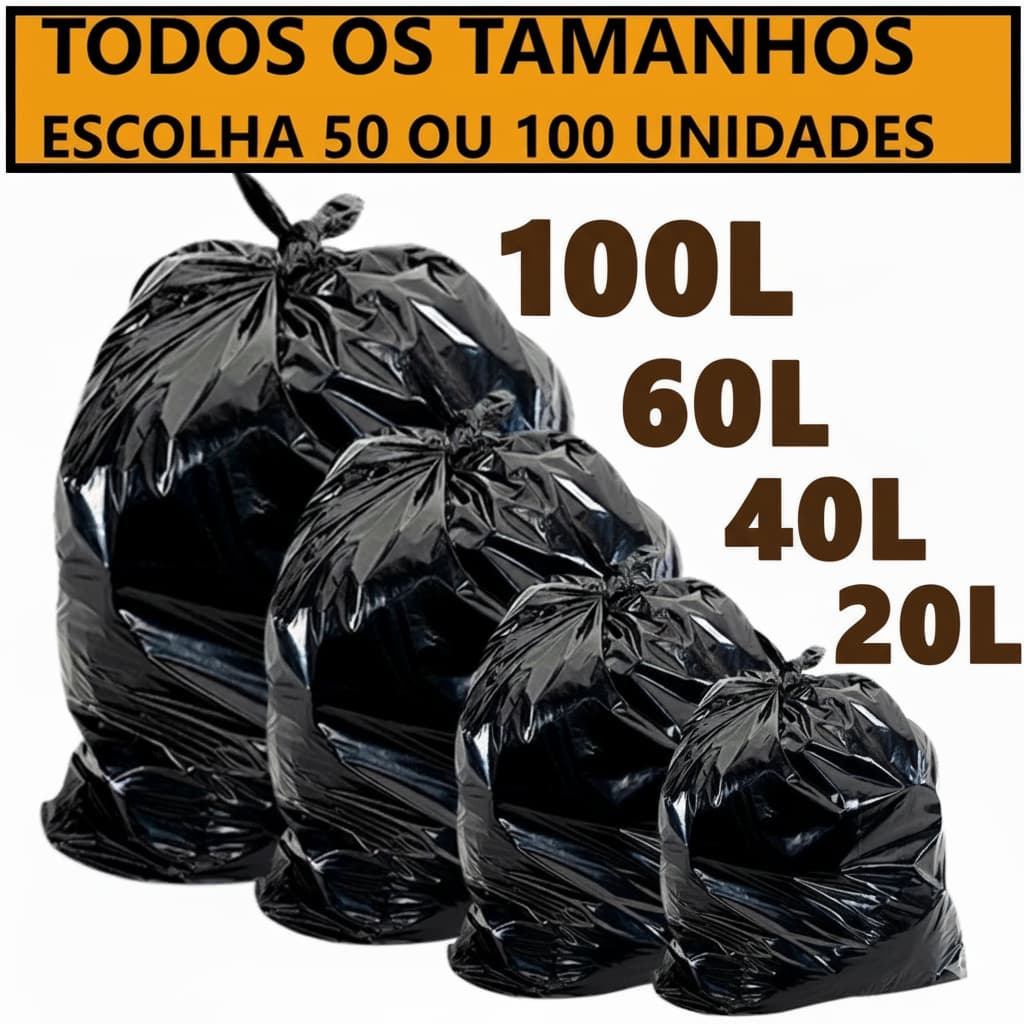 Saco De lixo Preto Resistente Pacotes com 100Unidades ou 50 unidades - 20L/40L/60L-100Litros