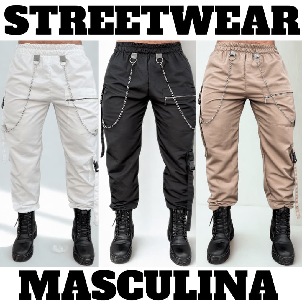 Calça Streetwear com Correntes Masculina Kpop Rock Punk e Dança Festa Única