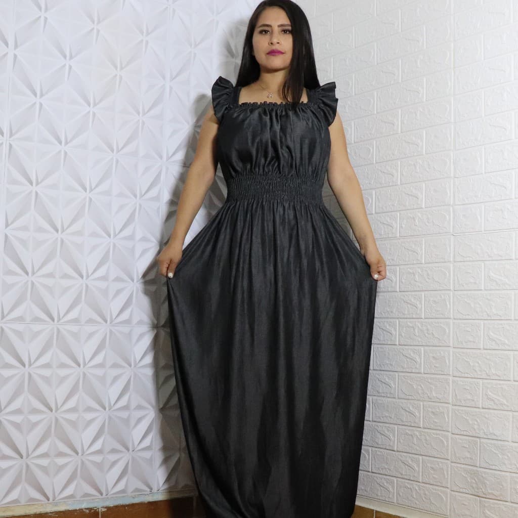 Vestido Longo Festa Elegante Casual Primavera Verão Jeans Tencel No Liso e Bordado