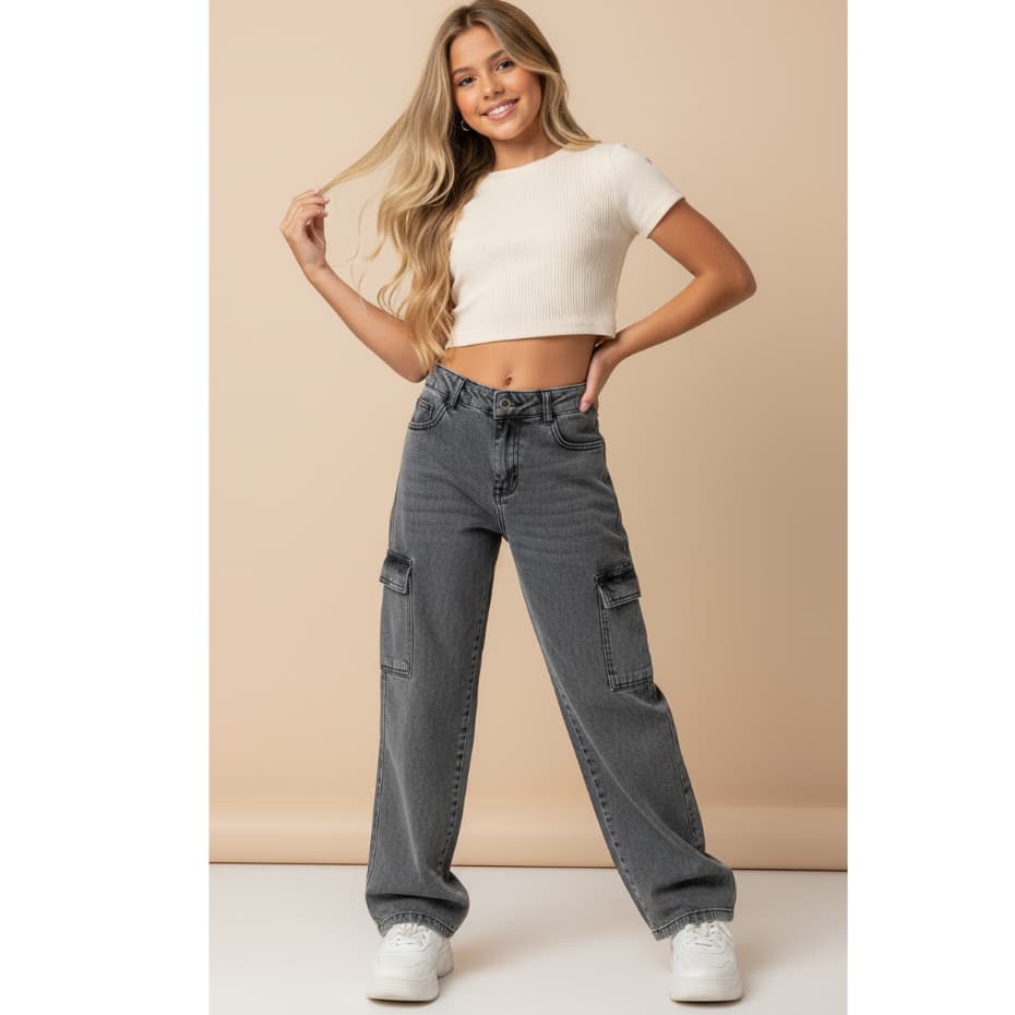 Calça Cargo Juvenil Jeans feminina Grafite blogueirinha Larga Bolso Nas Laterais Alta
