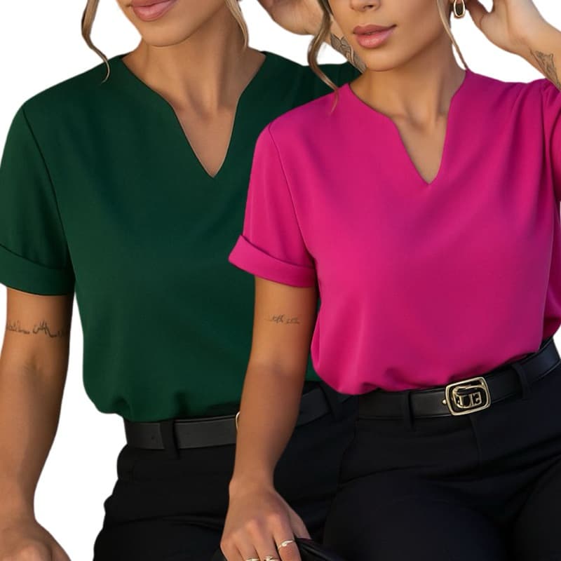 Kit Duas Blusas Manga Dobrada Detalhe V Tendência Evangelica Moda