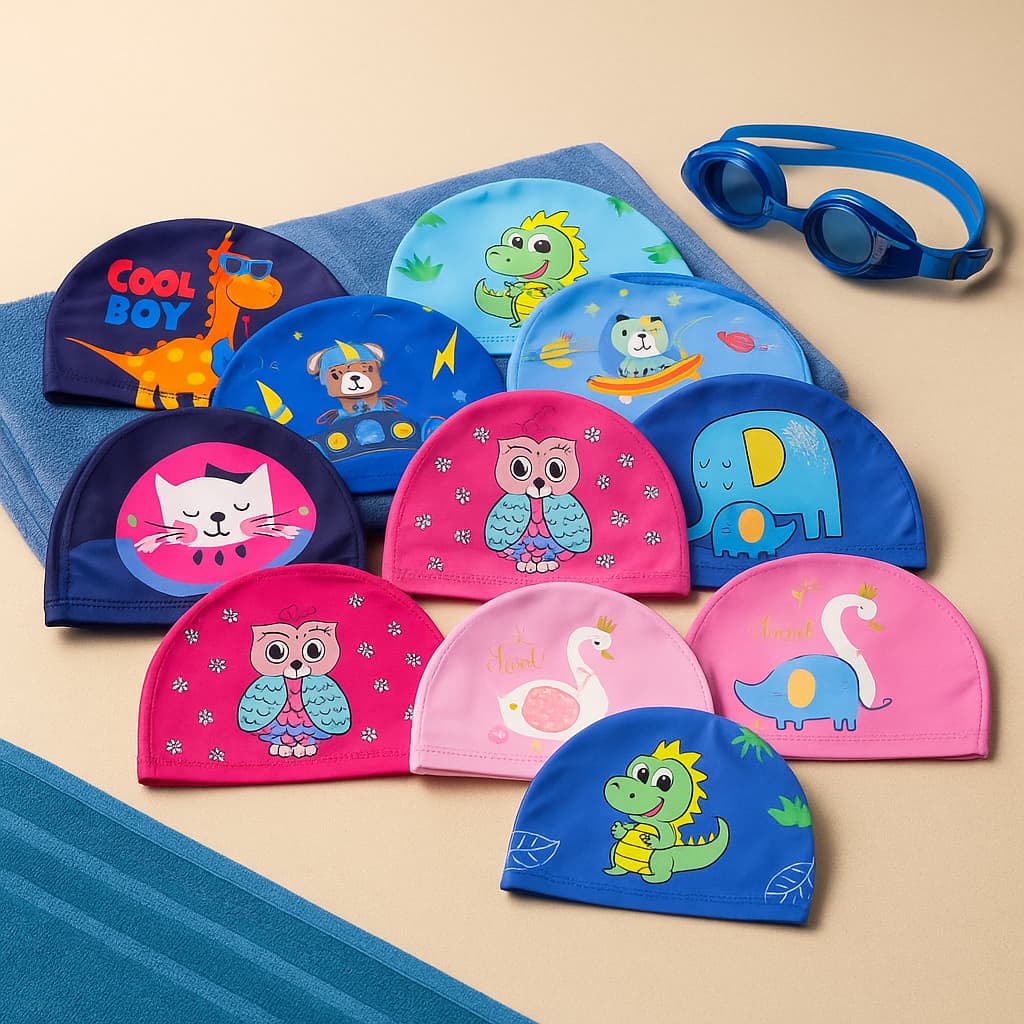 Kit 2 Touca Natação Infantil Tecido e Silicone Criança Bebe Piscina Agua Estampas Divertida