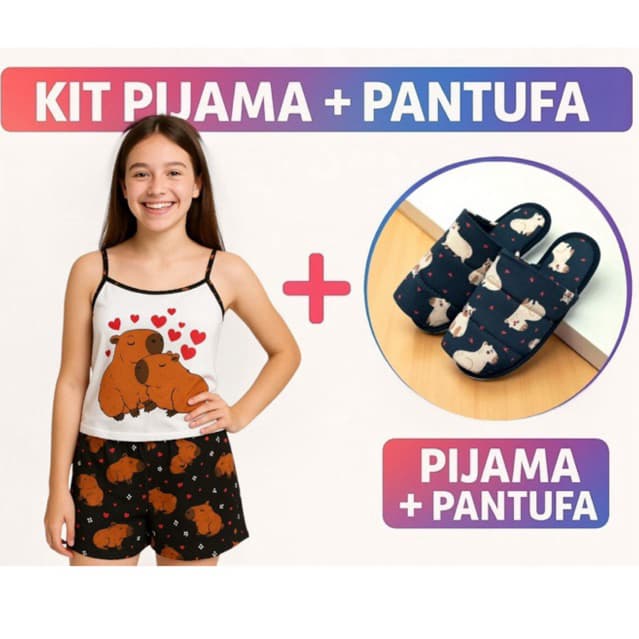 kit pijama juvenil feminino + pantufa baby doll capivara adolescente infantil menina roupa de dormir