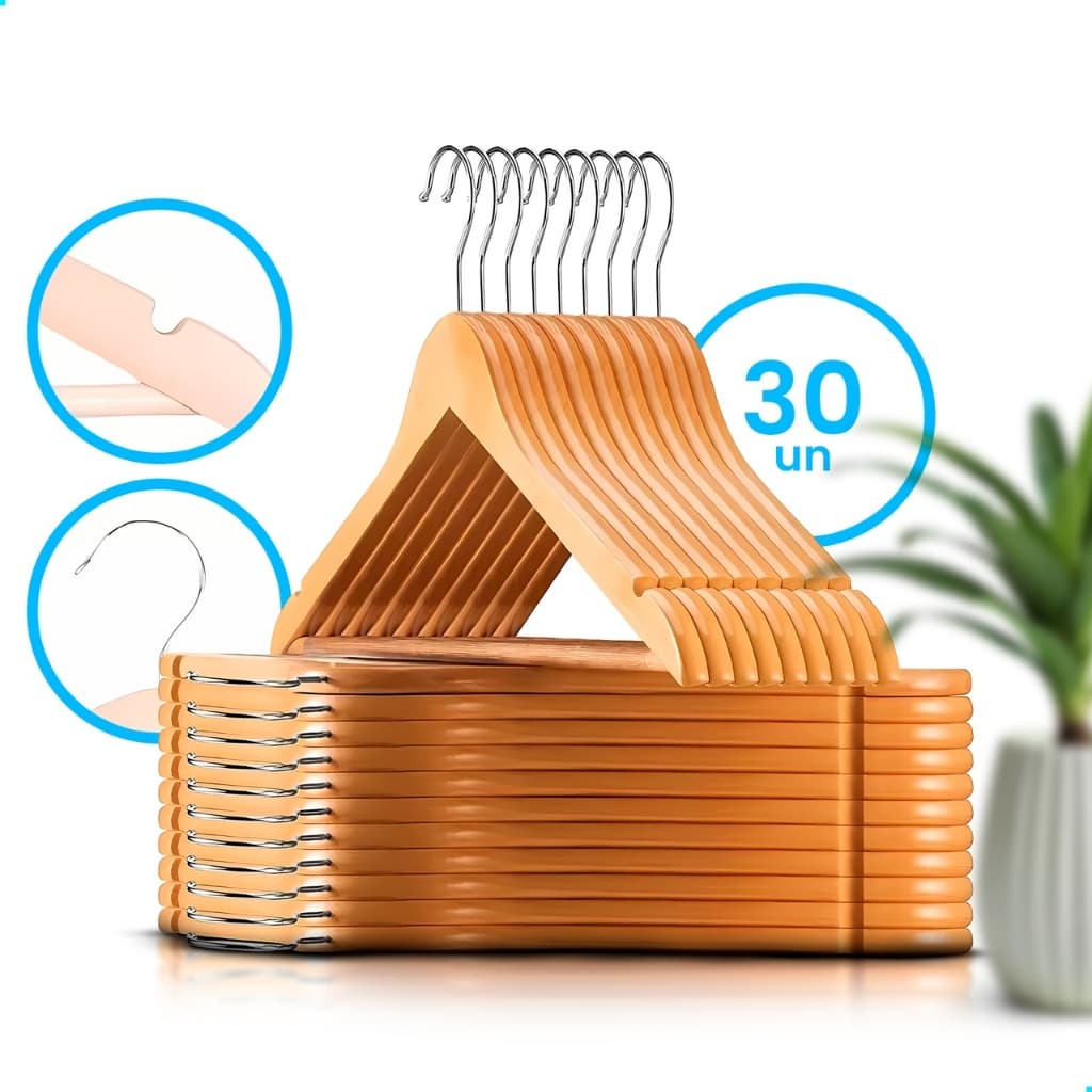 Cabide De Madeira Marfim Premium Para Roupas Calça Gancho Cromado