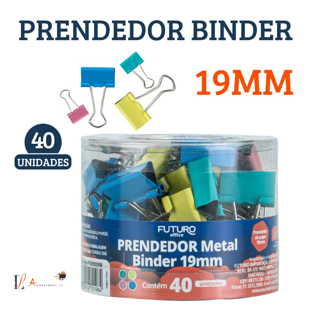 Kit com 40 Unidades Prendedor De Papel Binder Metal Clips Borboleta Colorido 19mm