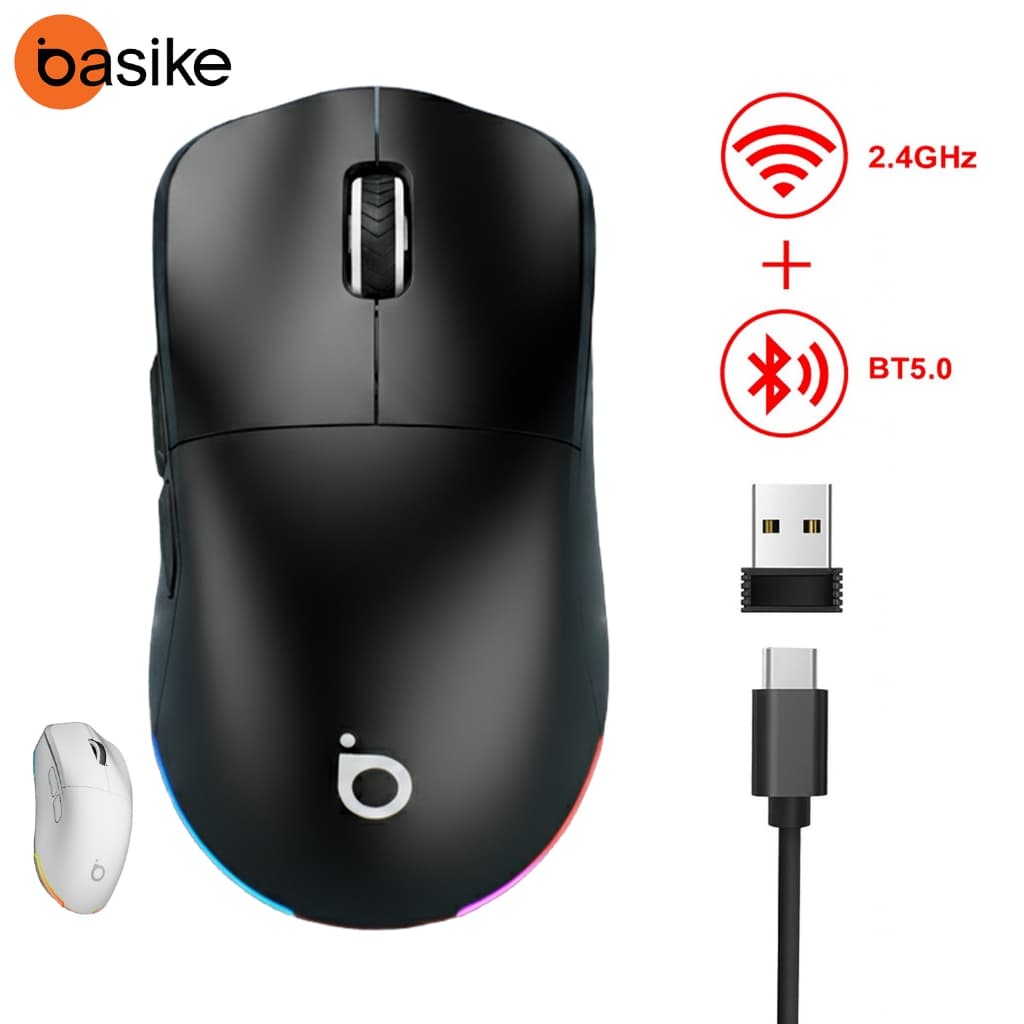 Basike Mouse Gamer Sem Fio Três Modos 2.4GHz + Bluetooth 5.1 Cabo USB 12000DPI RGB Recarregável Mice Jogos PC Ba-MOU338
