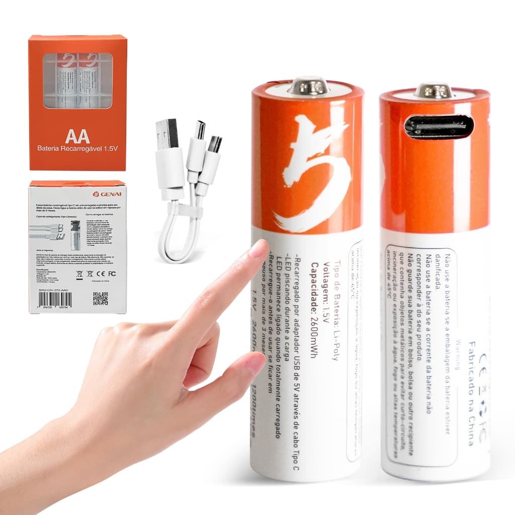Kit 2/4 Pilhas AA Recarregável 750mwh Genai Tipo C 1.5v 5v 2600mWh
