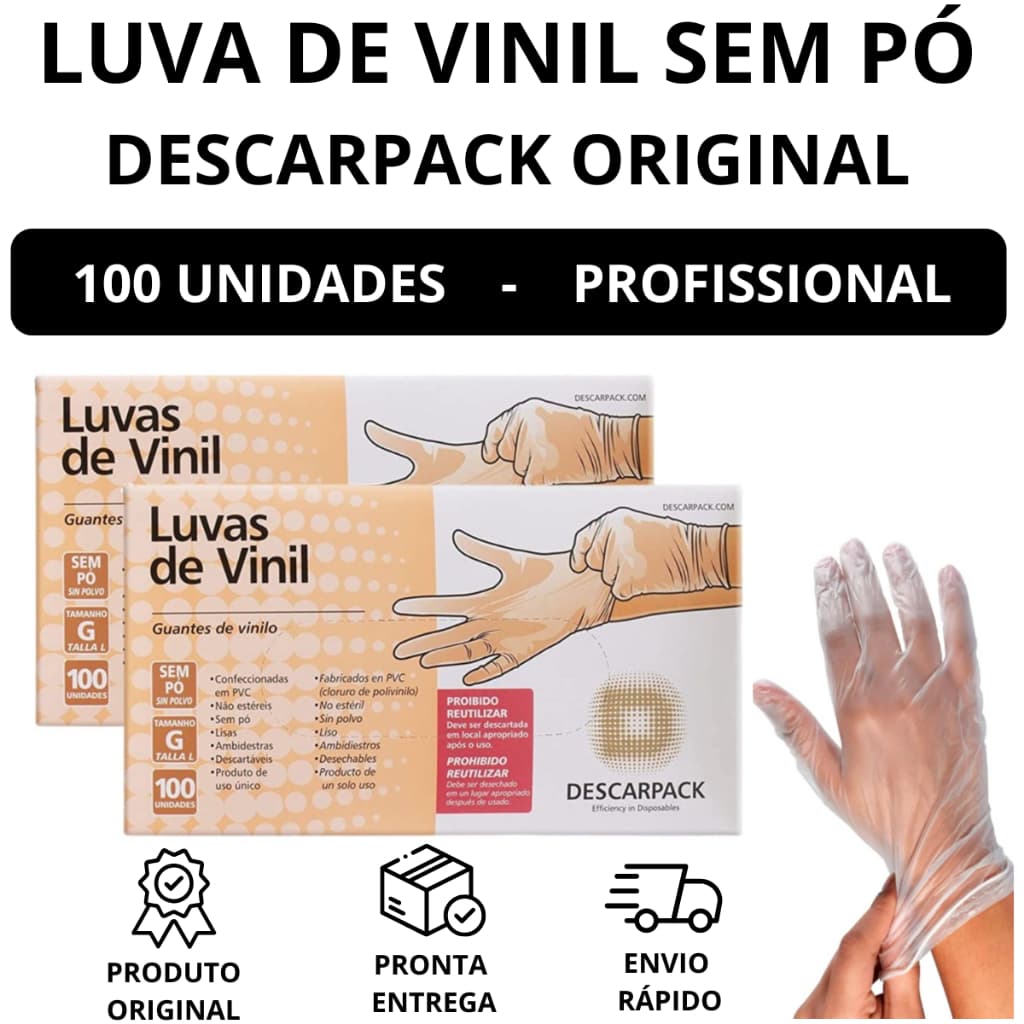 Luva Vinil Sem Pó – Descartável, Transparente e Flexível  Proteção Imediata 100 Unidades