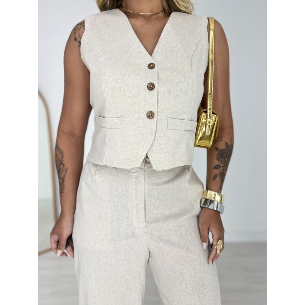 Conjunto Feminino Longo 2 Peças Blusa e Calça Linho