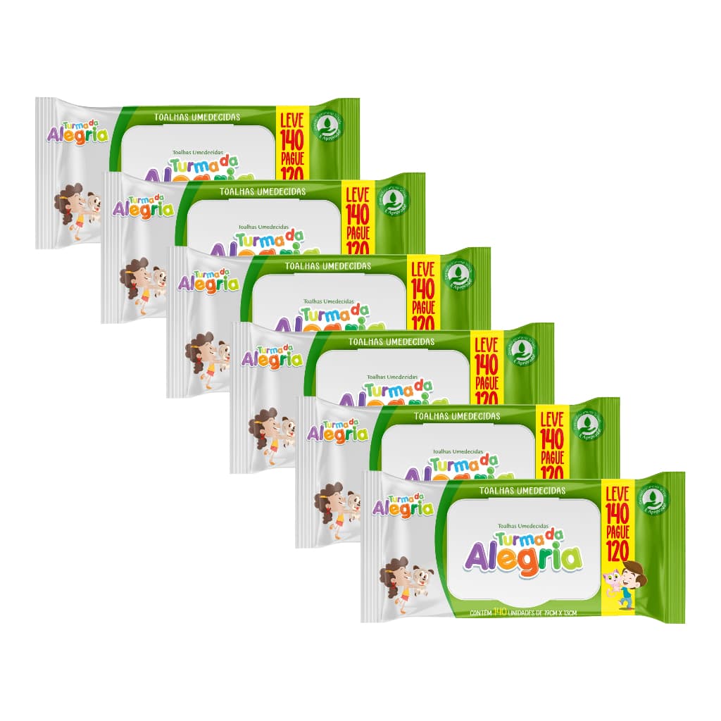 Kit C/6 Toalha Umedecida Turma da Alegria  Leve 140 Pague 120 Total 840 unidades