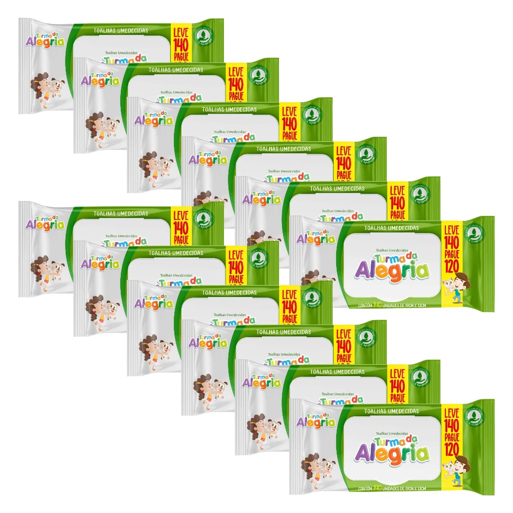 Kit C/12 Toalha Umedecida Turma da Alegria  Leve 140 Pague 120 Total 1680 unidades