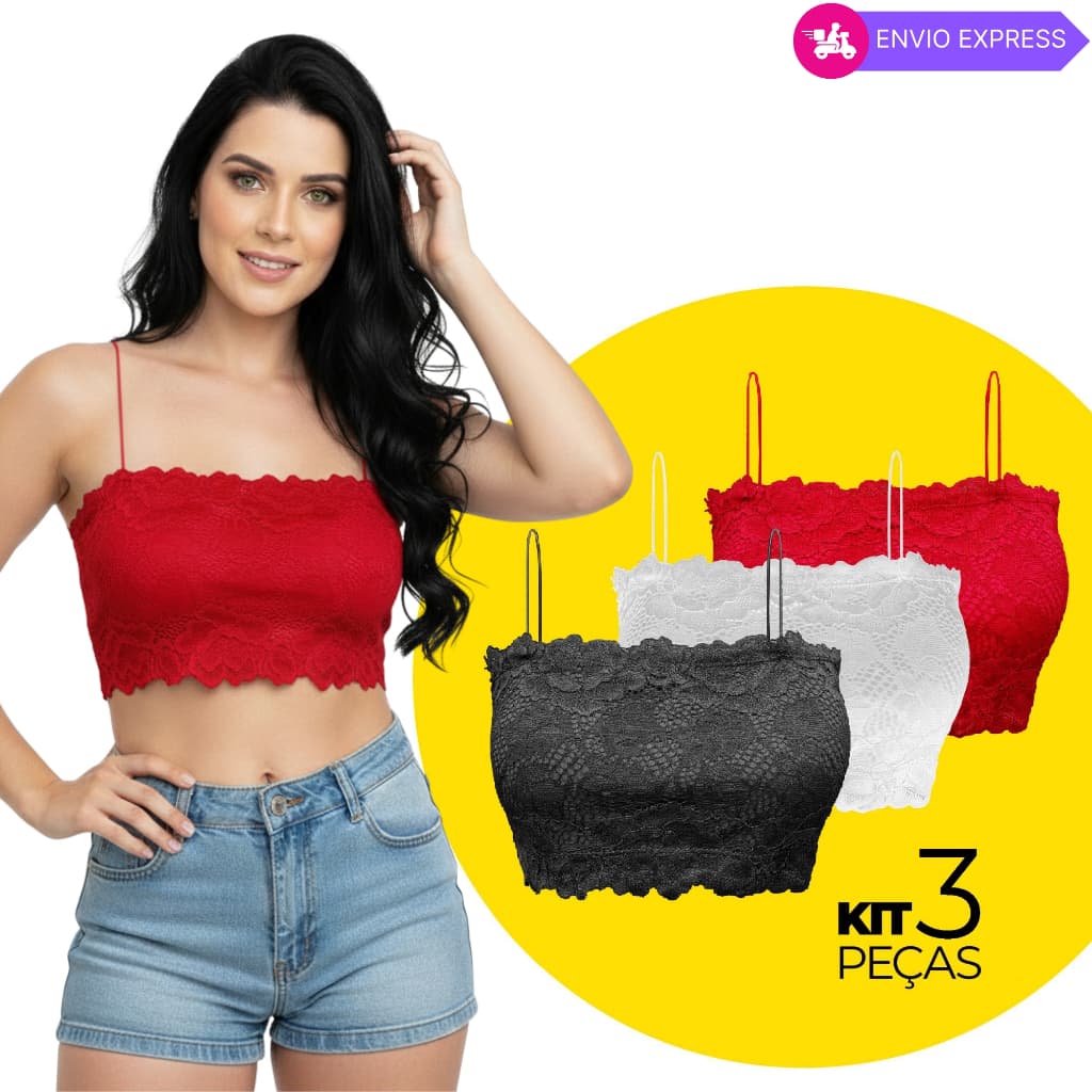 Kit Top Faixa Cropped Feminino de Renda Com Bojo Sutiã Blusinha Rendada