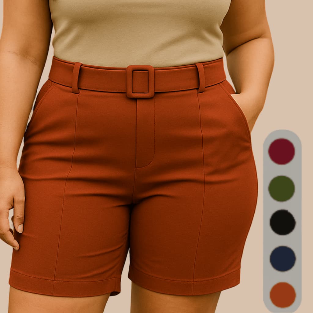 Shorts Bermuda Social Plus Size Feminina Com Cinto Fivela Cintura Alta Alfaiataria Tecido Bengaline 42 ao 52