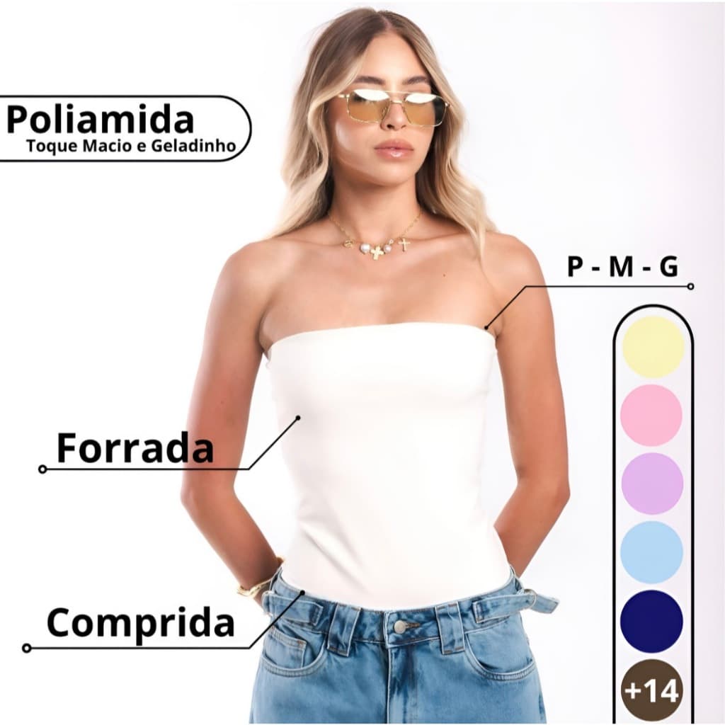 Top Tube De Poliamida Cropped Básico Feminino Tomara que Caia Comprido Tubinho Forro Duplo Sem Bojo