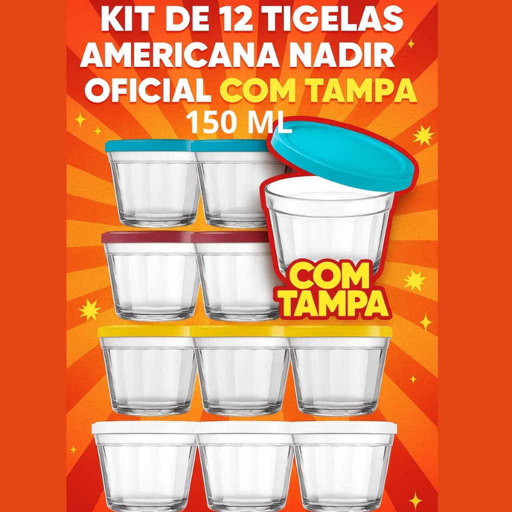 Kit 12, 6 e 3 Potes de Vidro Nadir 150ml c/ Tampa–Tigela Americana Original Multiuso Micro-ondas, Freezer e etc.