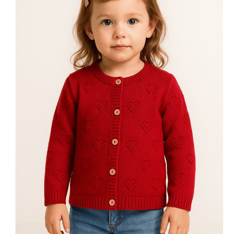 Casaquinho Infantil Tricot Menina Corações Vermelho Com Botões Roupa Infantil Menina Moda Inverno