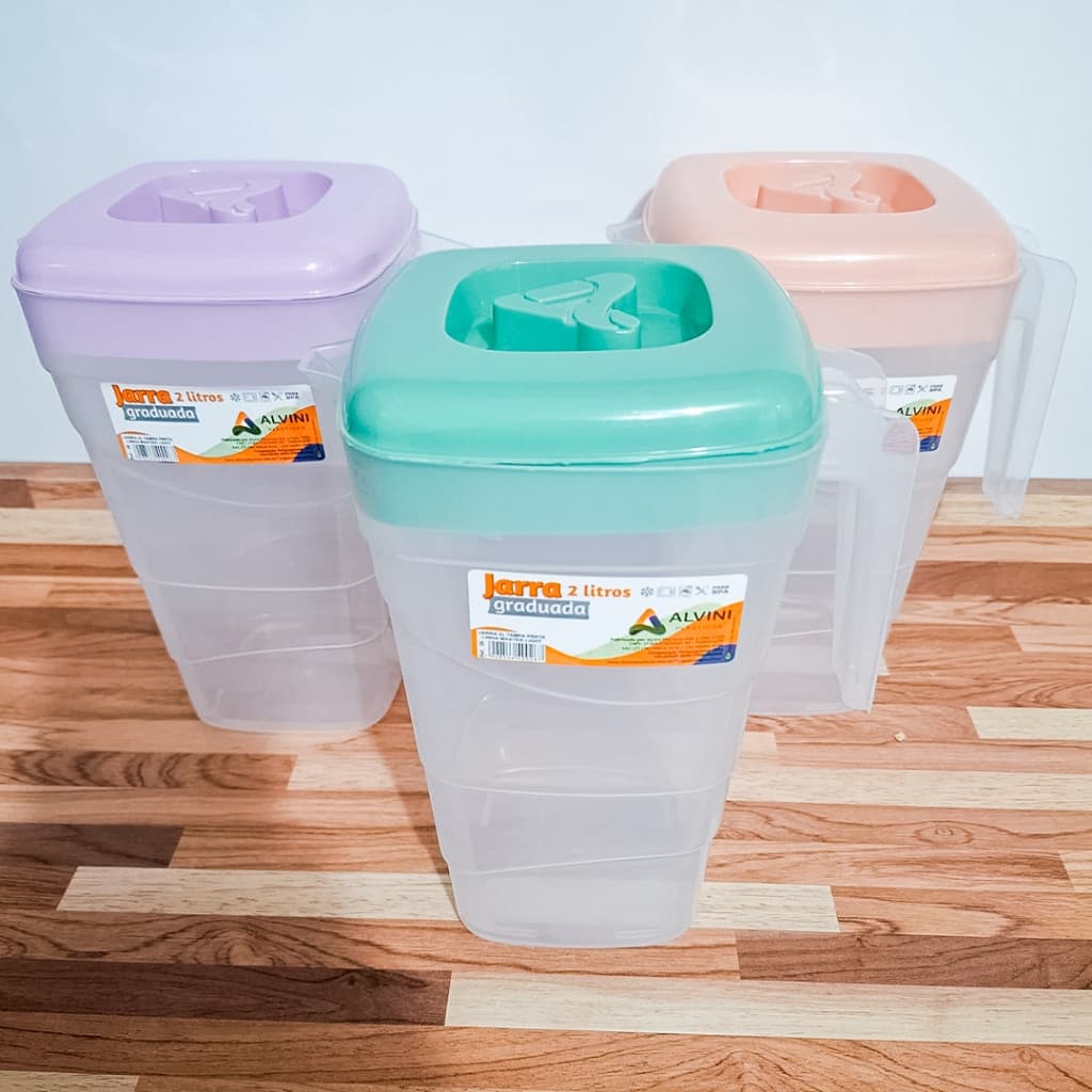 Kit 2 Jarras com 2 litros Graduada ideal para Suco e Água "BPA FREE" Transparente c/ Tampa Colorida