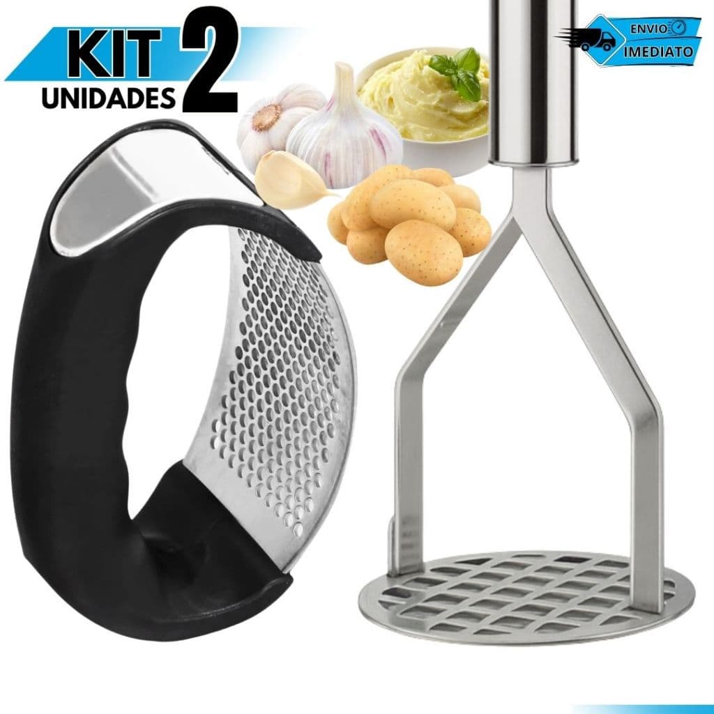 Kit Utensílios de Cozinha Inox – Amassador Batata e Espremedor Alho | Acessórios de Cozinha