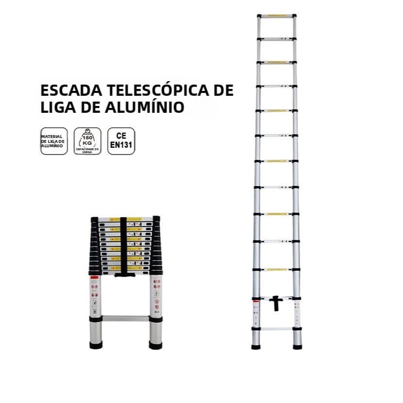 Escada articulada 16 degraus ou Telescópica Alumínio 13 degraus 3,8m ou 16 degraus 5m 150Kg