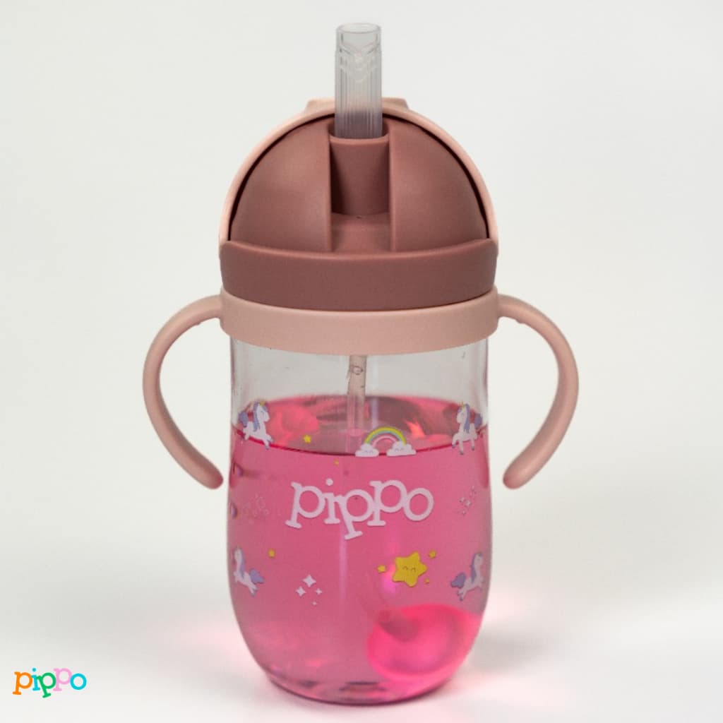 Copo de Treinamento Transição Bebe Infantil 350ml Com Alça E Canudo Antivazamento Para Beber Deitado Sem BPA | Pippo