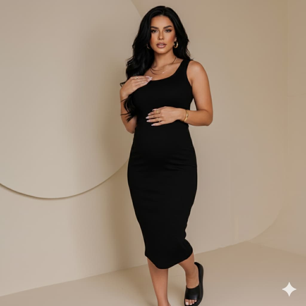 Vestido Ribana de Algodão Para Gestante Grávida Chá Revelação Midi Maternidade