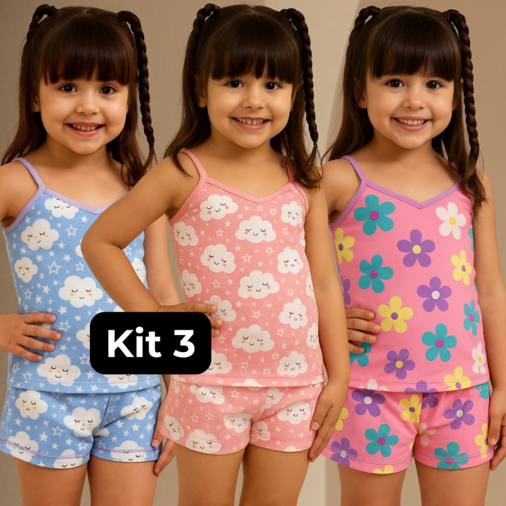 KIT 3 Pijama Infantil Feminino de Alcinha Estampado Baby Doll de Suede