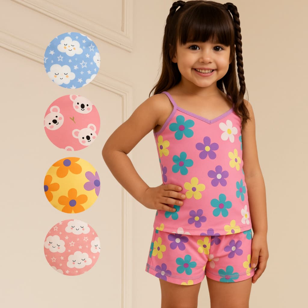 Pijama Infantil Menina de Alcinha Estampado Baby Doll de Suede