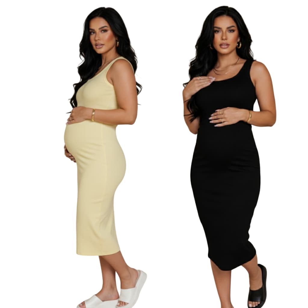 Kit 2 vestidos femininos em ribana de algodão gestante grávida para chá revelação midi